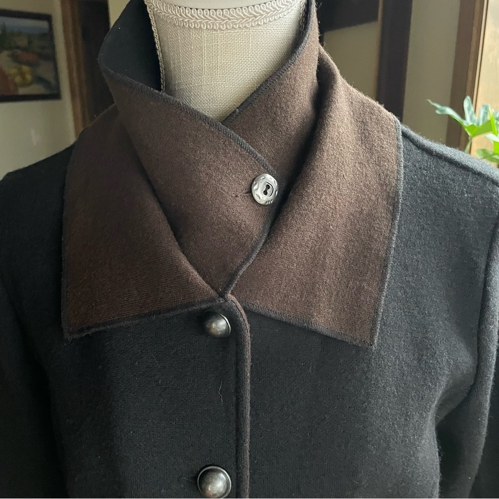 Icelandic Design Black & Brown Wool Coat with Metal Buttons Stand Collar Detail - Picture 3 of 15